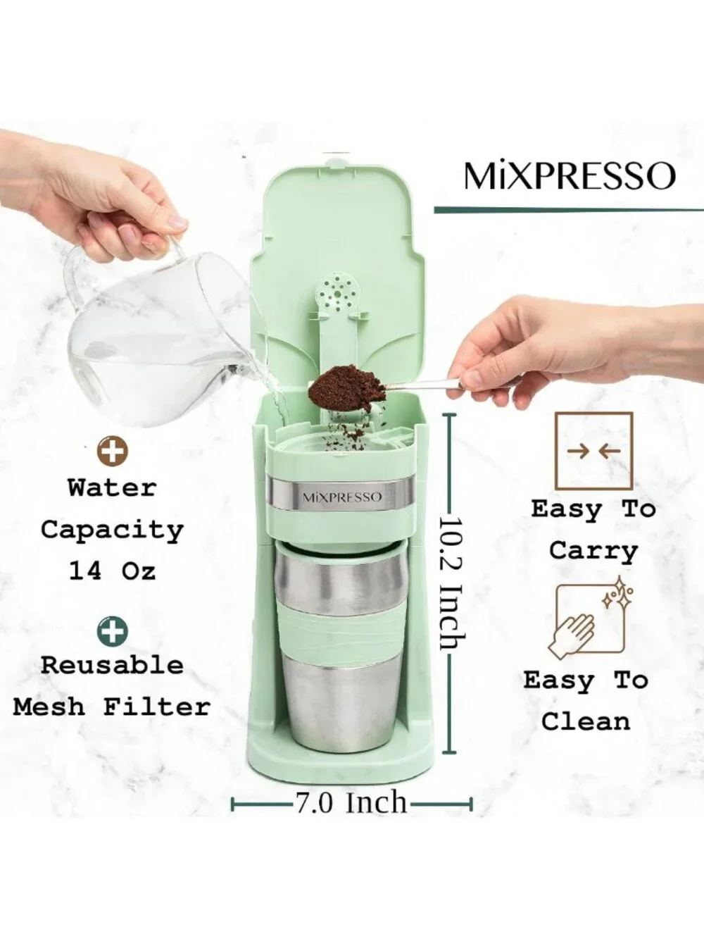 Single Serve Coffee Maker with 14oz Travel Mug - Compact & Portable Green Design